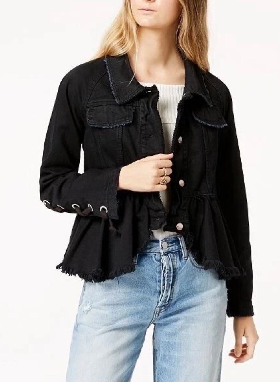 Free People Willow Black Denim Jacket Raw Hem Lace Cuff Women Medium Whimsigoth